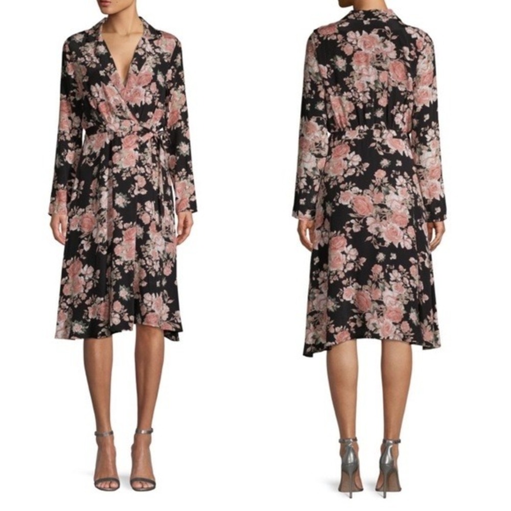 Lea & Viola Anthro Womens Wrap Dress Sz S Black Pink Floral‎ Long Sleeve Midi
